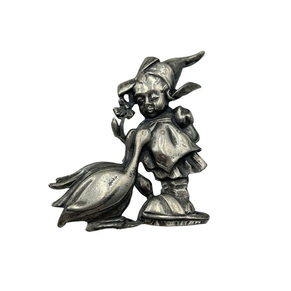 Vintage SILSON UNSIGNED Girl Goose Brooch Hummel Inspired Silver Tone Book Piece - Picture 1 of 6